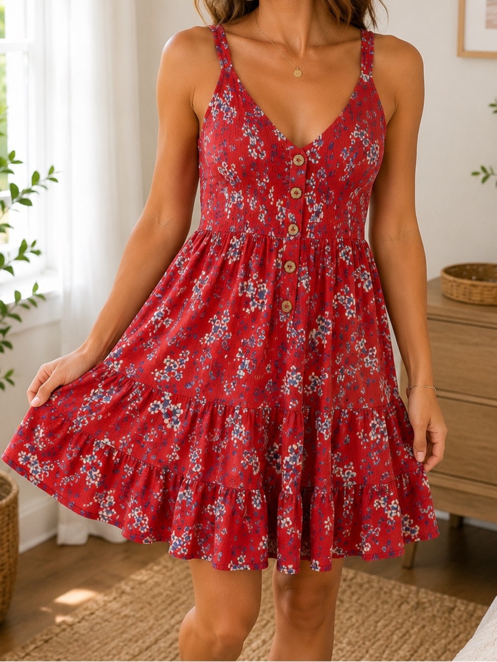 Red Floral Button-Front Smocked Sundress